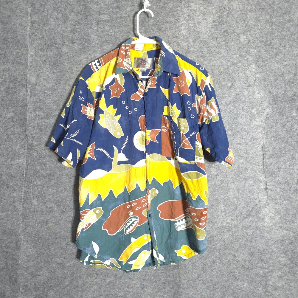 The Territory Ahead Shirt Mens M Blue Fish Batik Cotton Short Sleeve Button Up